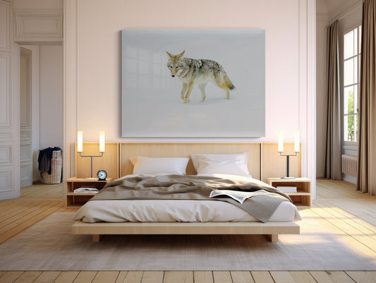 A cozy bedroom with a wooden bed, beige bedding, bedside tables with lamps, and The Wanderer - Coyote Photography Print from Yellowstone Winter displayed above the headboard.